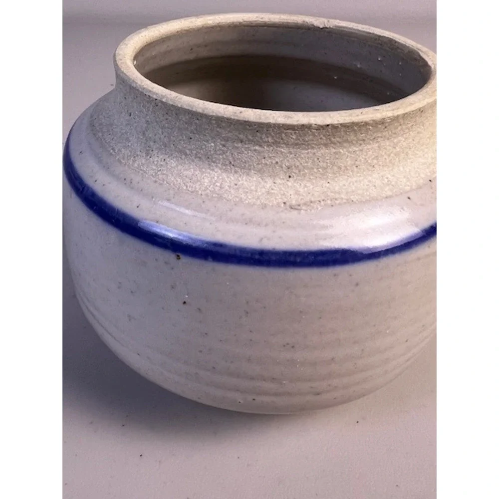 Studio Pottery Signed Small Speckled White Blue Stripe Bud Vase Stoneware 3in